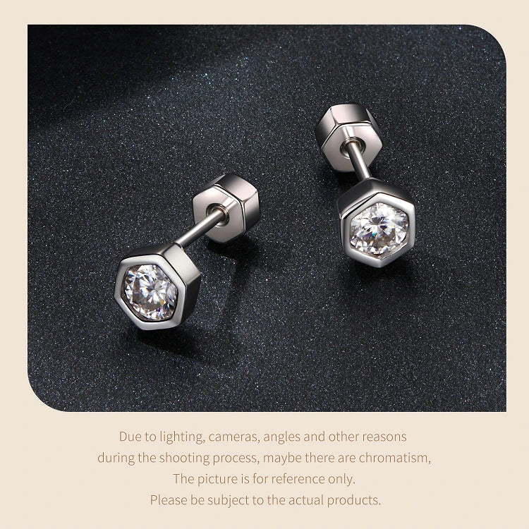 Moissanite Hexagonal Stud Earrings 925 Silver Screw-Back Bezel Gift BandsCo Straps