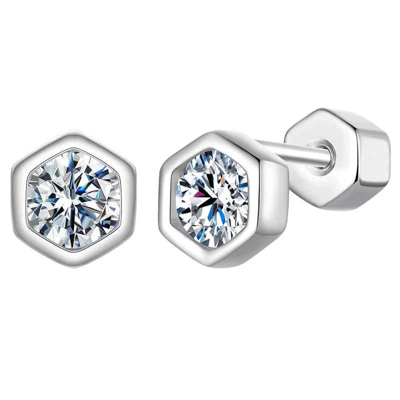 Moissanite Hexagonal Stud Earrings 925 Silver Screw-Back Bezel Gift BandsCo Straps