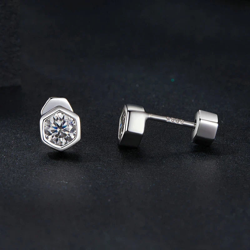Moissanite Hexagonal Stud Earrings 925 Silver Screw-Back Bezel Gift BandsCo Straps