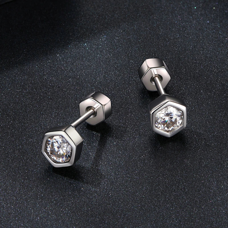 Moissanite Hexagonal Stud Earrings 925 Silver Screw-Back Bezel Gift BandsCo Straps
