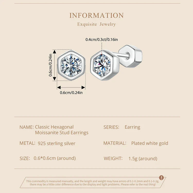 Moissanite Hexagonal Stud Earrings 925 Silver Screw-Back Bezel Gift BandsCo Straps