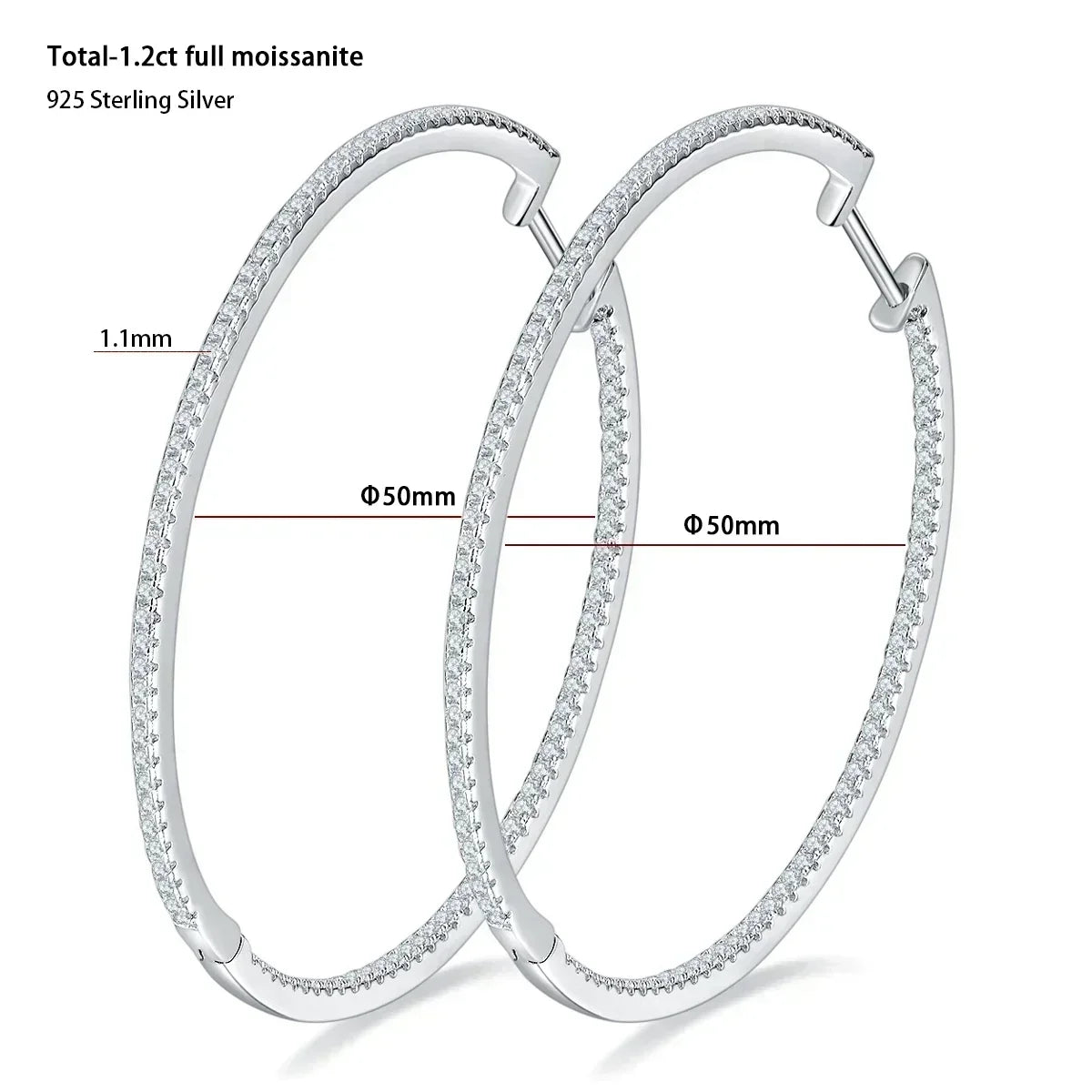 Moissanite Hoop Earrings 30/50mm Sterling Silver 925 Bridal Wedding Hoops BandsCo Straps