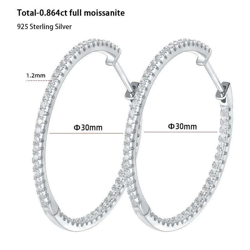 Moissanite Hoop Earrings 30/50mm Sterling Silver 925 Bridal Wedding Hoops BandsCo Straps