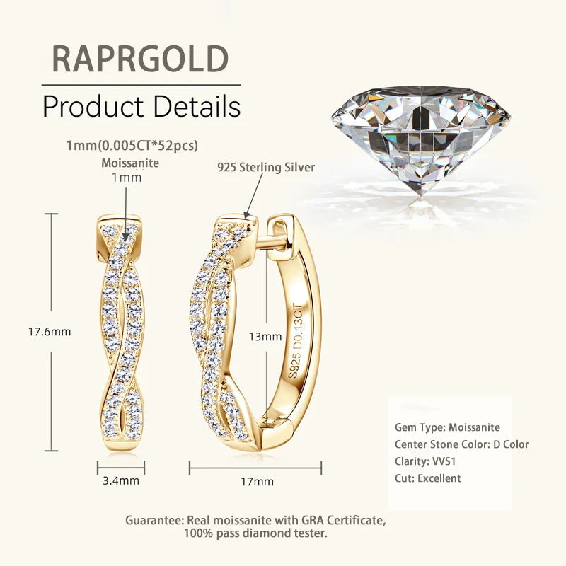 Moissanite Hoop Earrings 925 Sterling Silver Twist Small Hoops For Women BandsCo Straps
