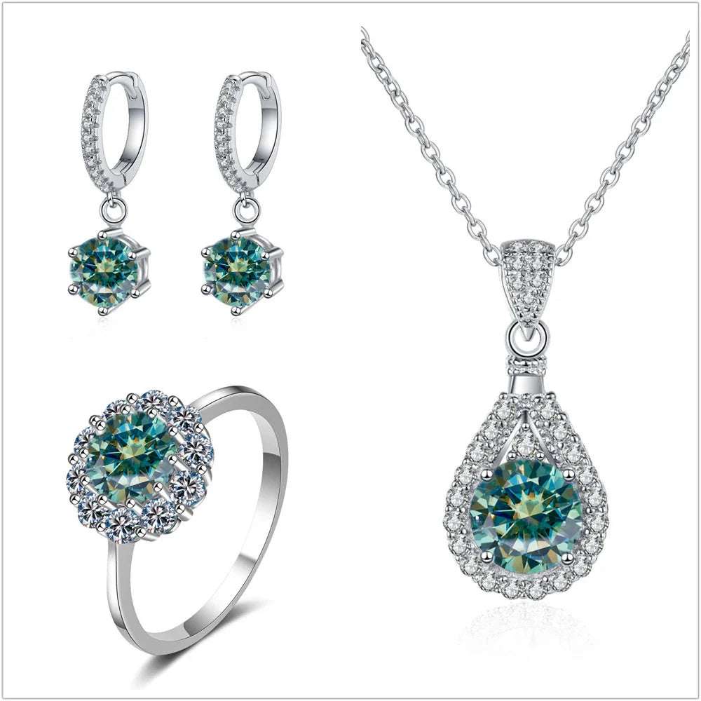 Moissanite Jewelry Set 925 Sterling Silver Ring Earring Pendant Necklace Bridal BandsCo Straps
