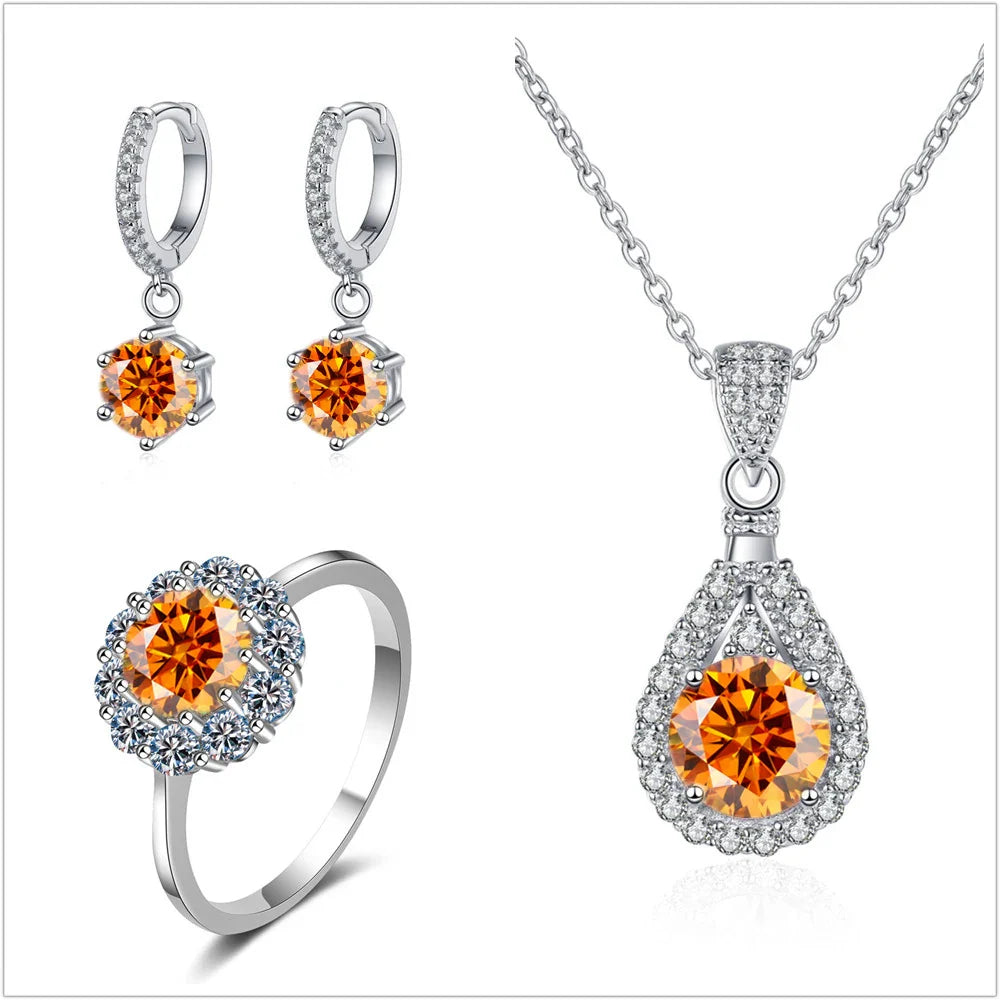Moissanite Jewelry Set 925 Sterling Silver Ring Earring Pendant Necklace Bridal BandsCo Straps
