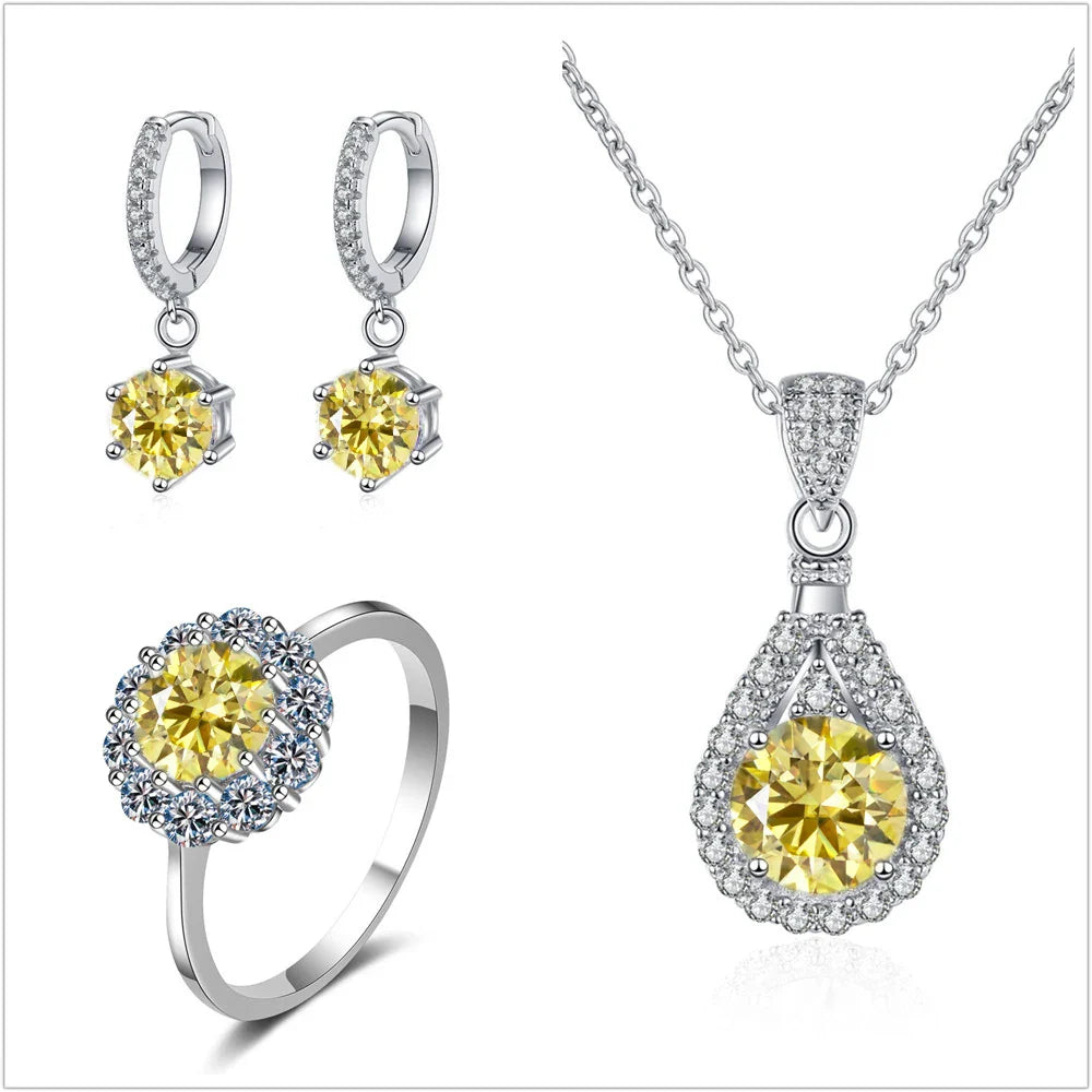 Moissanite Jewelry Set 925 Sterling Silver Ring Earring Pendant Necklace Bridal BandsCo Straps