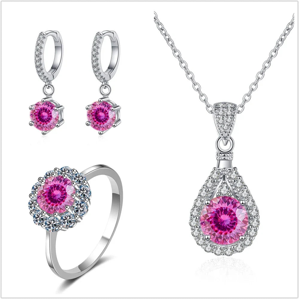 Moissanite Jewelry Set 925 Sterling Silver Ring Earring Pendant Necklace Bridal BandsCo Straps