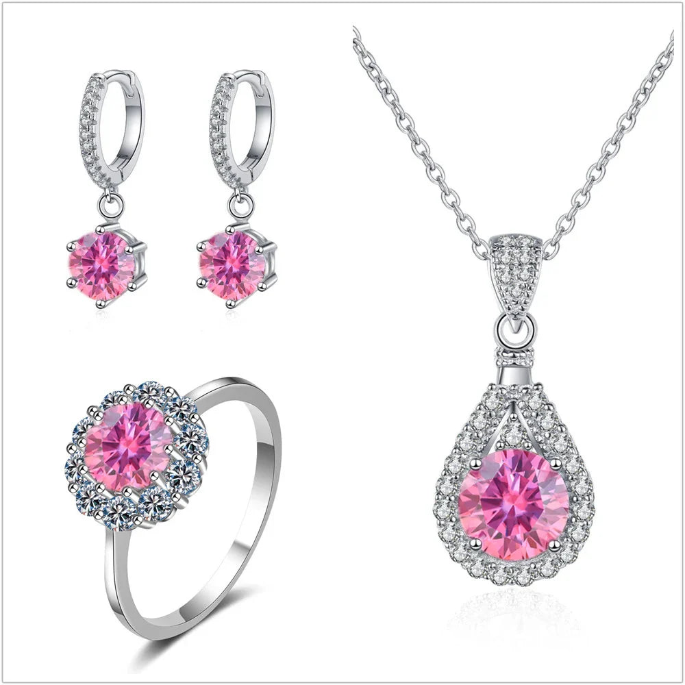 Moissanite Jewelry Set 925 Sterling Silver Ring Earring Pendant Necklace Bridal BandsCo Straps