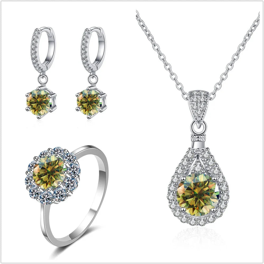 Moissanite Jewelry Set 925 Sterling Silver Ring Earring Pendant Necklace Bridal BandsCo Straps