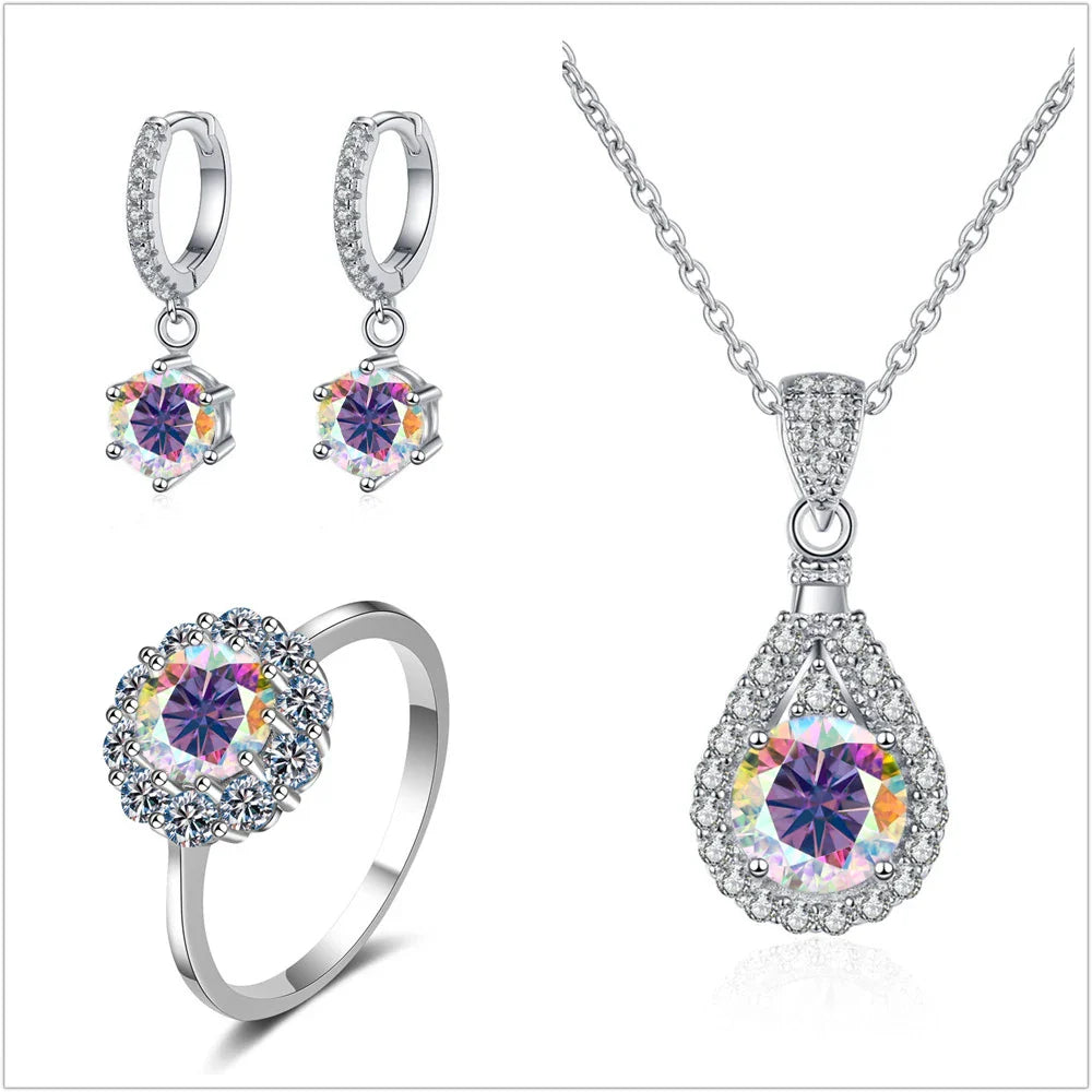 Moissanite Jewelry Set 925 Sterling Silver Ring Earring Pendant Necklace Bridal BandsCo Straps