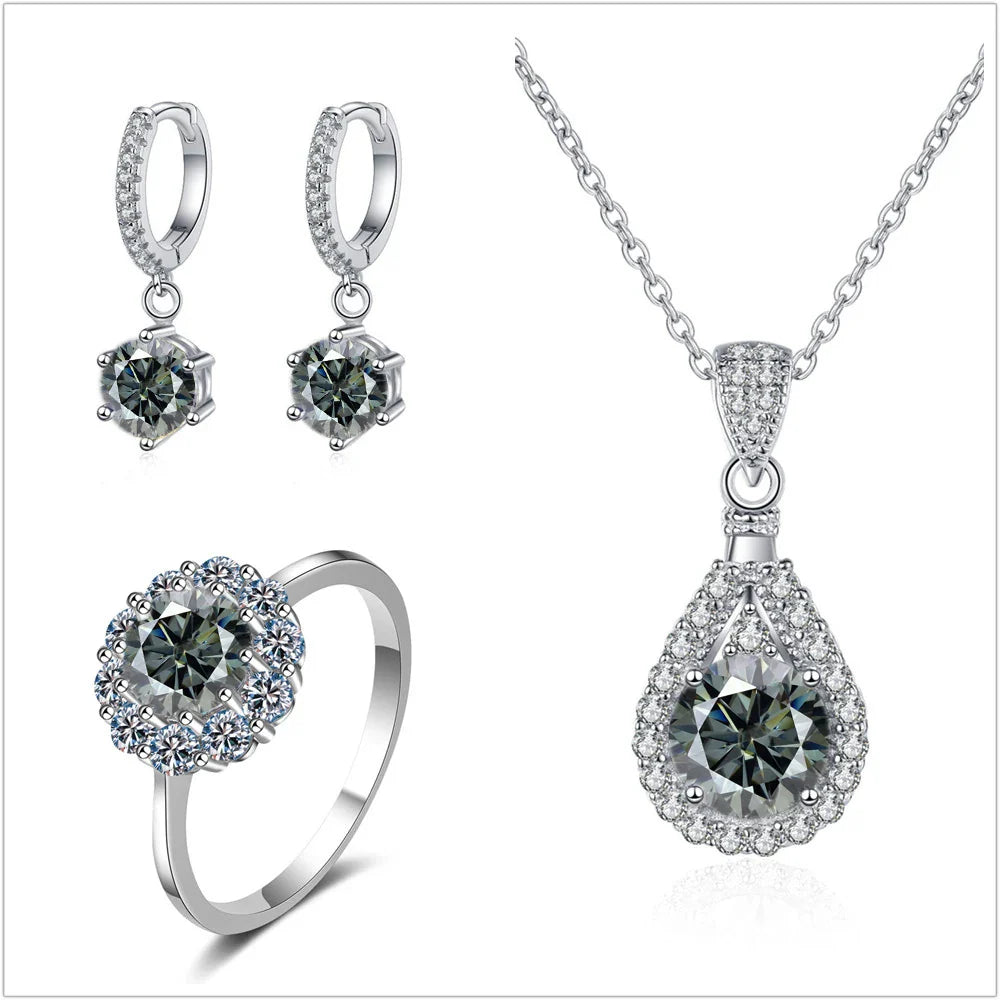 Moissanite Jewelry Set 925 Sterling Silver Ring Earring Pendant Necklace Bridal BandsCo Straps