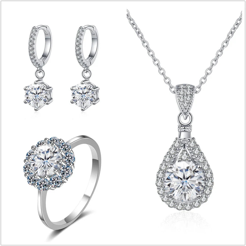 Moissanite Jewelry Set 925 Sterling Silver Ring Earring Pendant Necklace Bridal BandsCo Straps