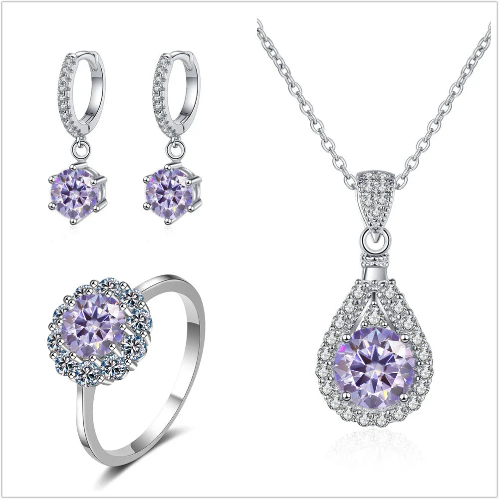 Moissanite Jewelry Set 925 Sterling Silver Ring Earring Pendant Necklace Bridal BandsCo Straps