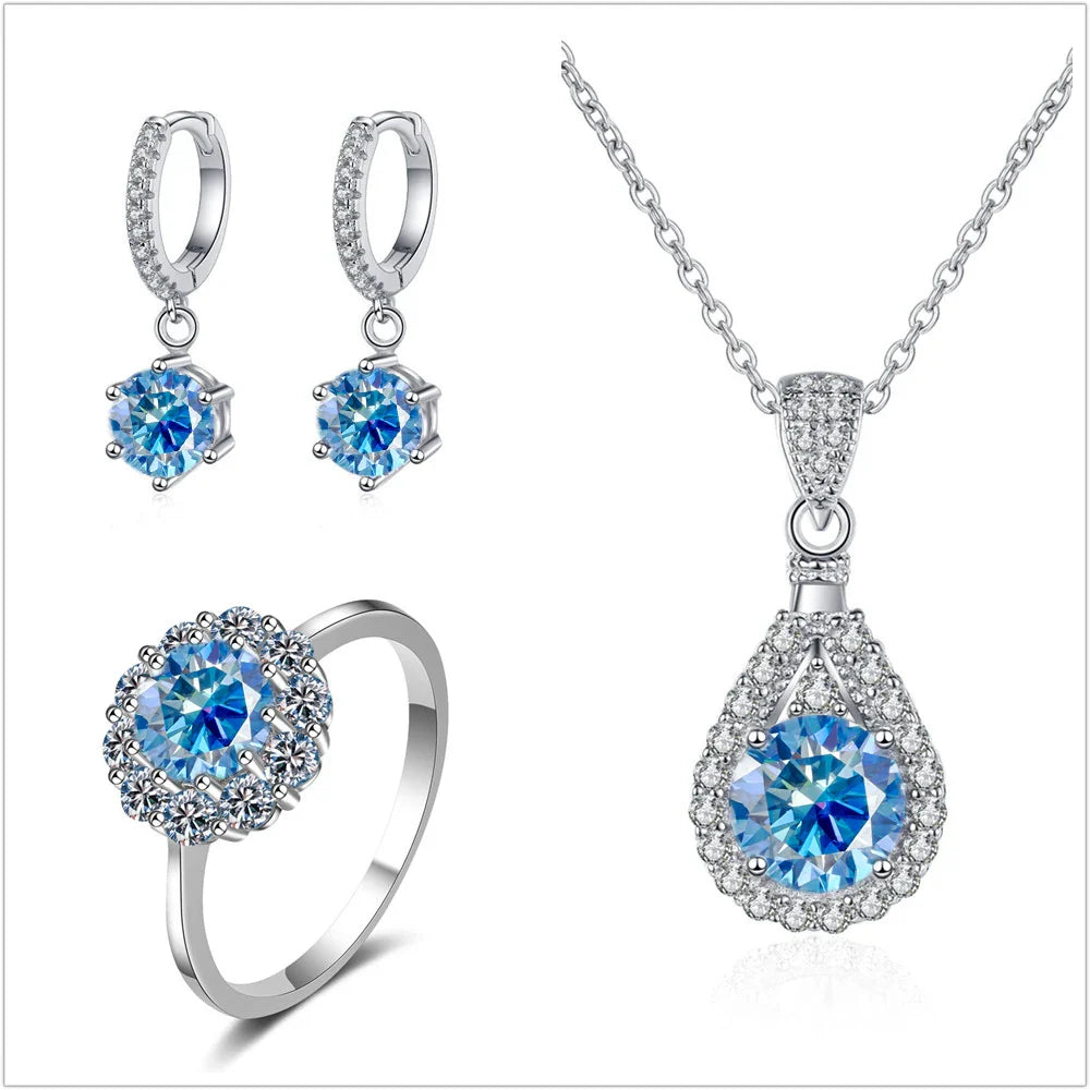 Moissanite Jewelry Set 925 Sterling Silver Ring Earring Pendant Necklace Bridal BandsCo Straps