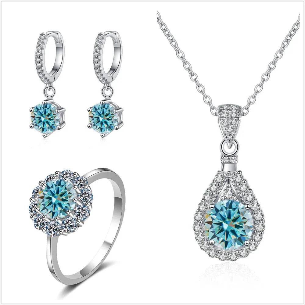 Moissanite Jewelry Set 925 Sterling Silver Ring Earring Pendant Necklace Bridal BandsCo Straps