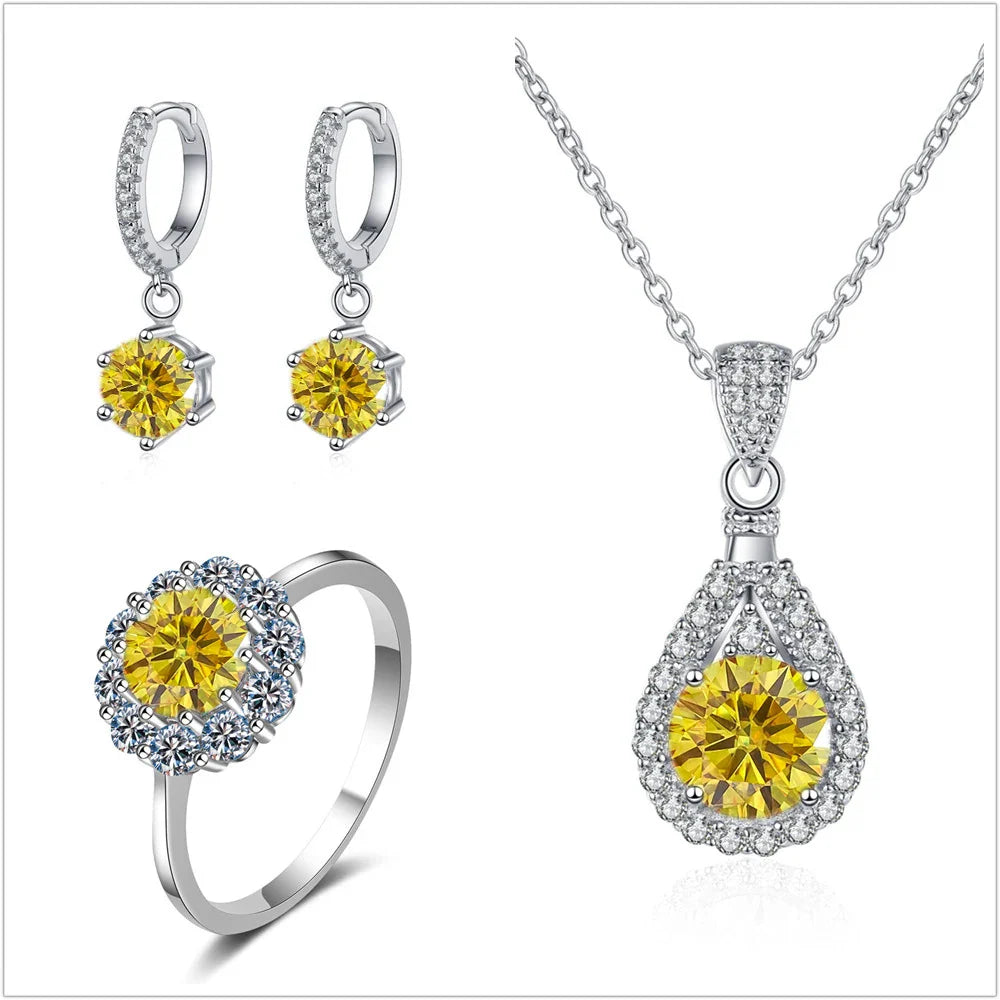 Moissanite Jewelry Set 925 Sterling Silver Ring Earring Pendant Necklace Bridal BandsCo Straps