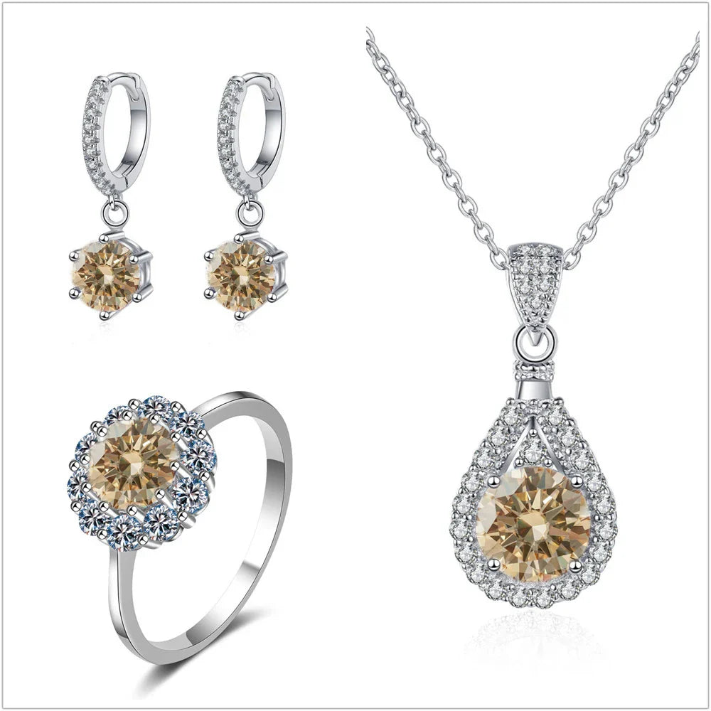 Moissanite Jewelry Set 925 Sterling Silver Ring Earring Pendant Necklace Bridal BandsCo Straps