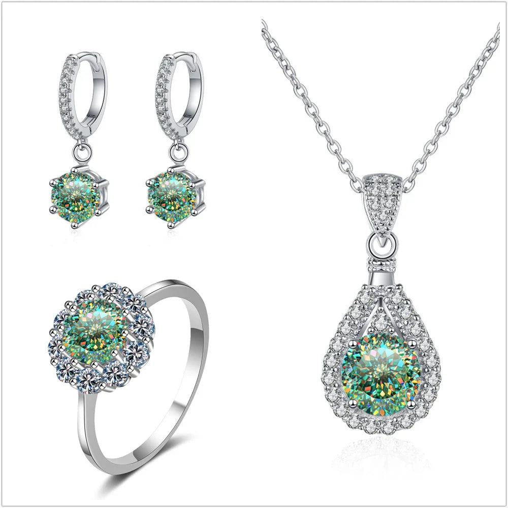 Moissanite Jewelry Set 925 Sterling Silver Ring Earring Pendant Necklace Bridal BandsCo Straps