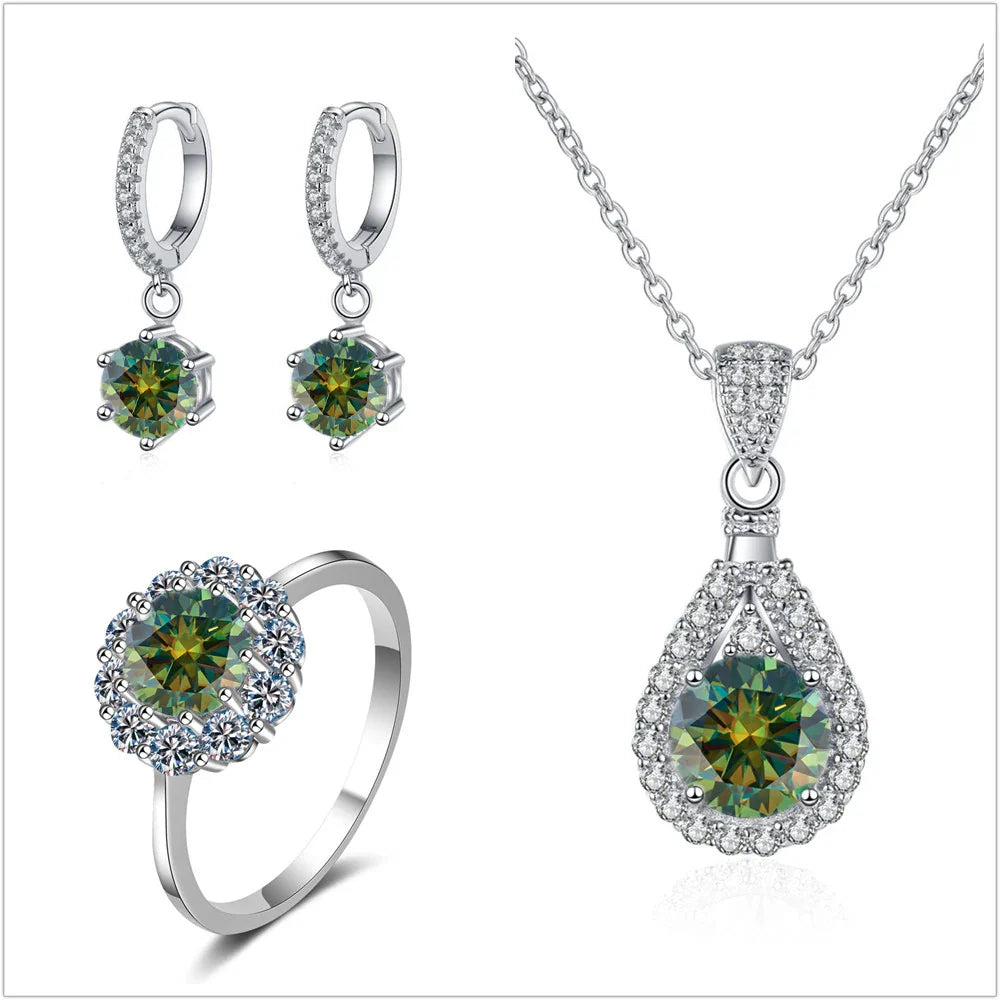 Moissanite Jewelry Set 925 Sterling Silver Ring Earring Pendant Necklace Bridal BandsCo Straps