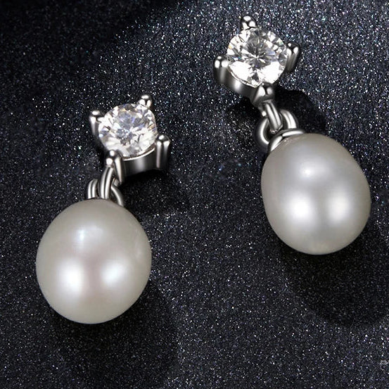Moissanite Pearl Drop Earrings 925 Sterling Silver 0.1ct Dainty Mom Gift BandsCo Straps