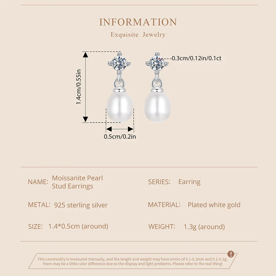 Moissanite Pearl Drop Earrings 925 Sterling Silver 0.1ct Dainty Mom Gift BandsCo Straps
