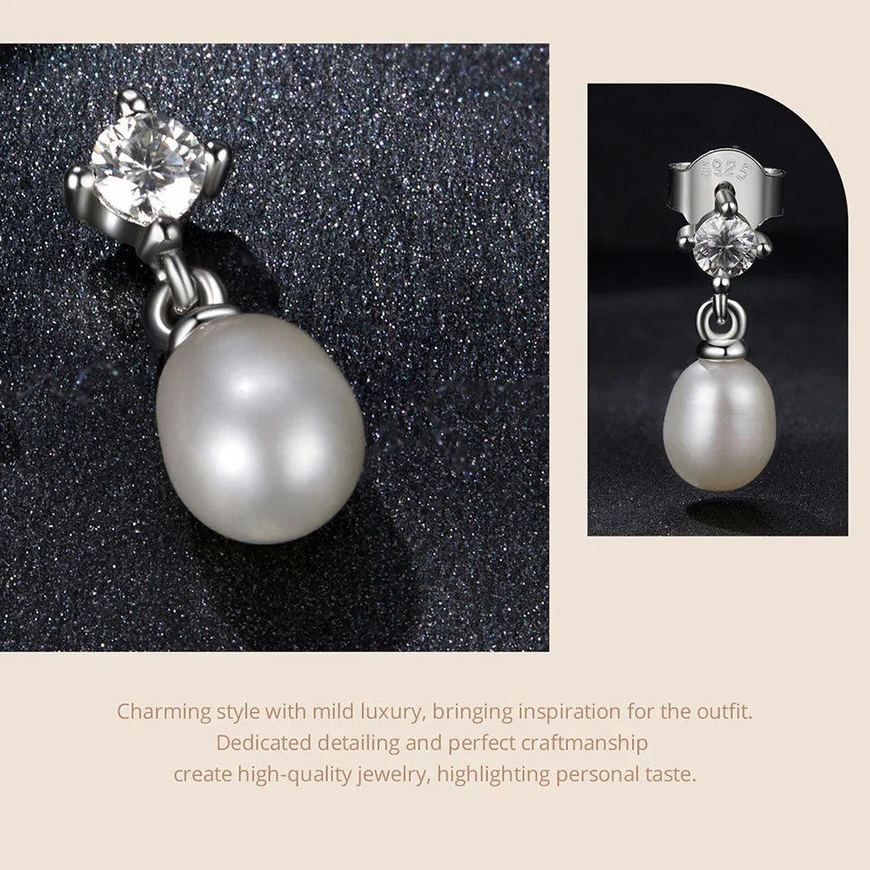 Moissanite Pearl Drop Earrings 925 Sterling Silver 0.1ct Dainty Mom Gift BandsCo Straps