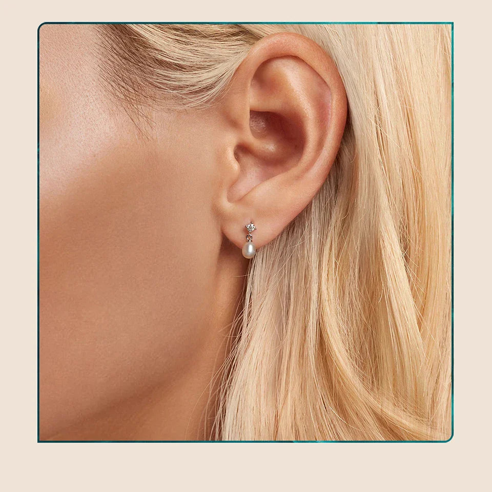 Moissanite Pearl Drop Earrings 925 Sterling Silver 0.1ct Dainty Mom Gift BandsCo Straps