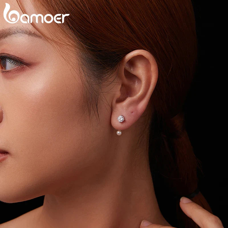 Moissanite Pearl Stud Earrings 925 Sterling Silver Lab Diamond CZ Bridal Gift BandsCo Straps