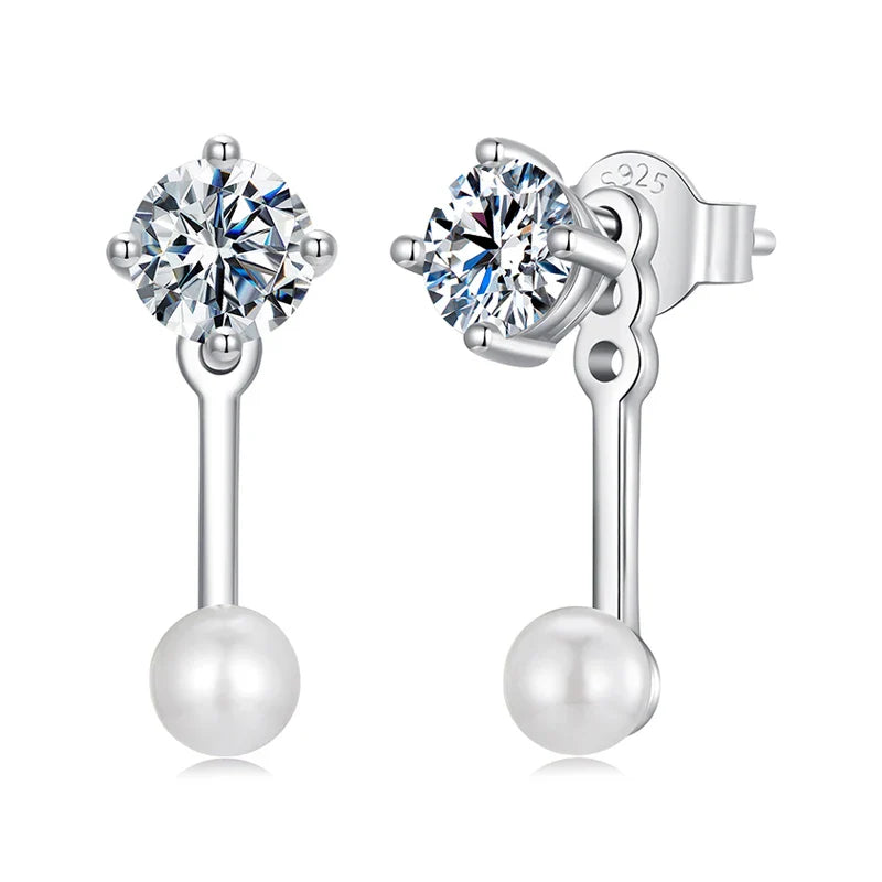 Moissanite Pearl Stud Earrings 925 Sterling Silver Lab Diamond CZ Bridal Gift BandsCo Straps