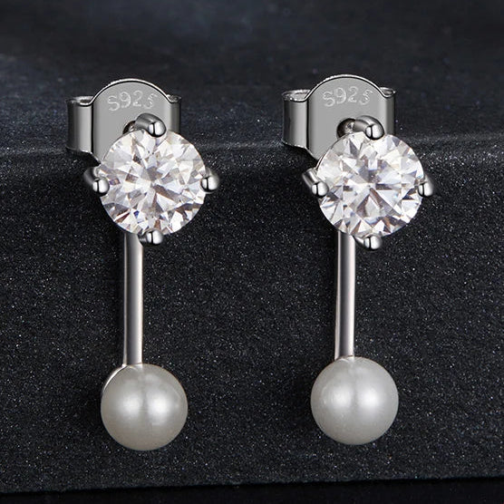 Moissanite Pearl Stud Earrings 925 Sterling Silver Lab Diamond CZ Bridal Gift BandsCo Straps
