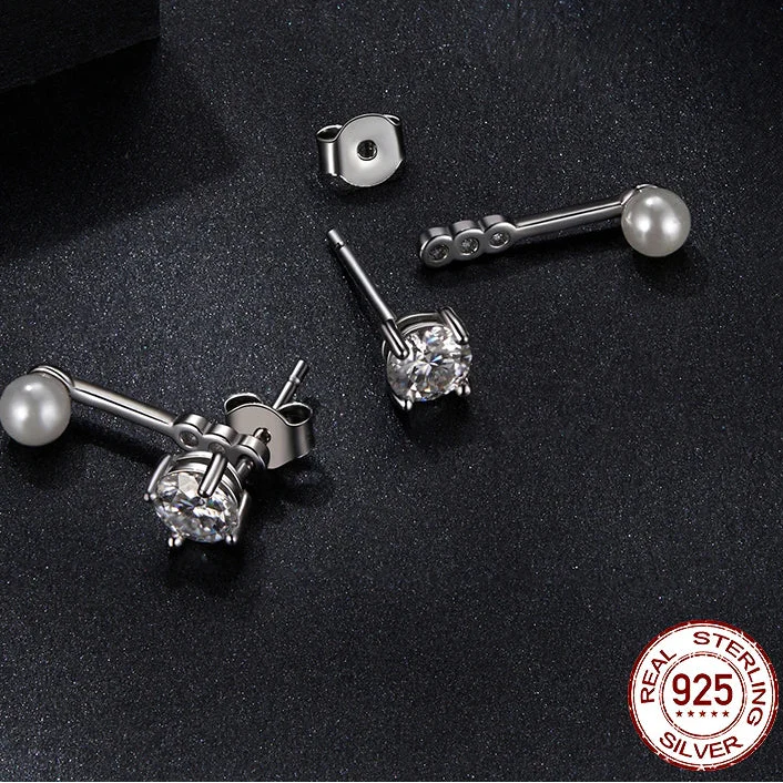 Moissanite Pearl Stud Earrings 925 Sterling Silver Lab Diamond CZ Bridal Gift BandsCo Straps