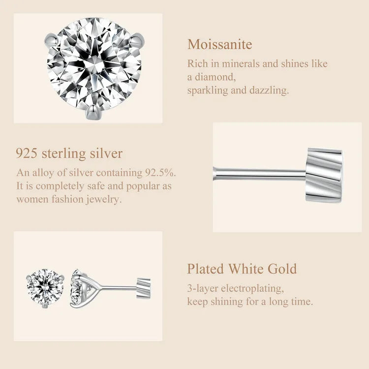 Moissanite 1Ct Round Stud Earrings Screw Back Platinum Plated S925 Minimalist BandsCo Straps