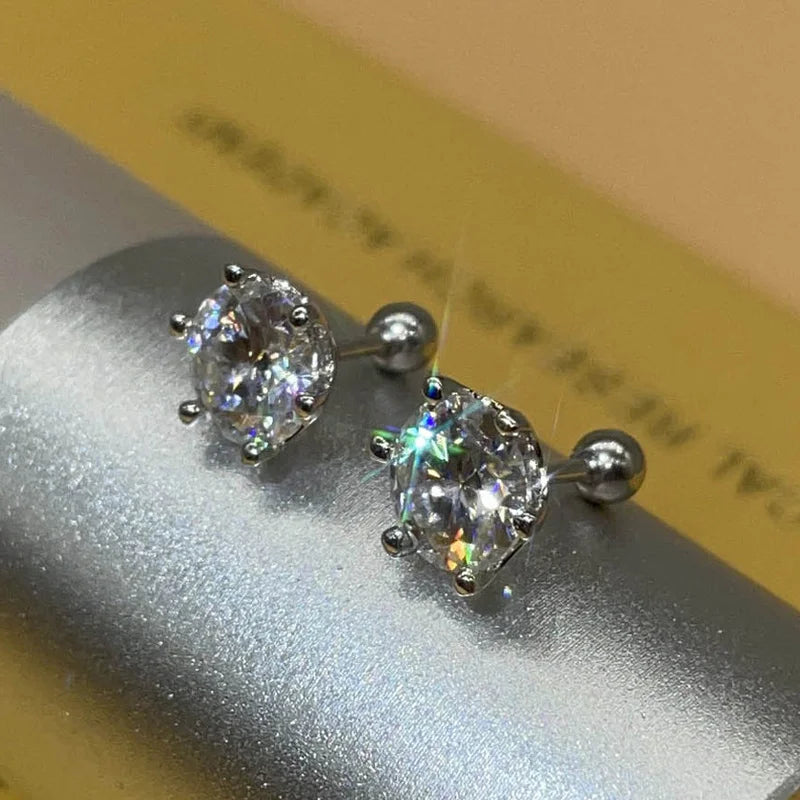 Moissanite Screw Stud Earrings D Color 6-Prong 925 Sterling Silver Wedding BandsCo Straps