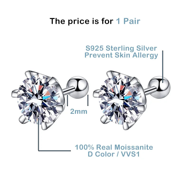 Moissanite Screw Stud Earrings D Color 6-Prong 925 Sterling Silver Wedding BandsCo Straps