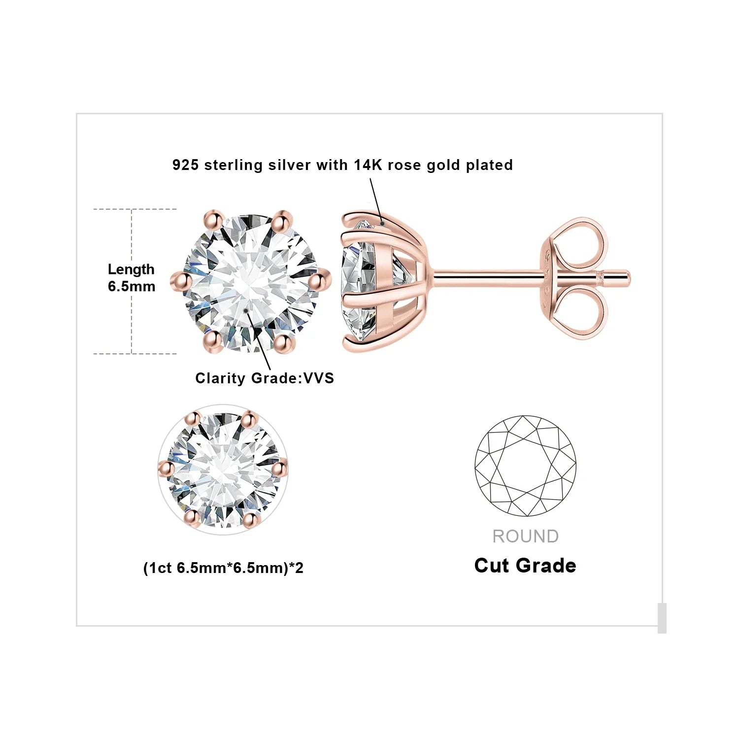 Moissanite D Color Round Solitaire Stud Earrings 0.6-6ct Sterling Silver BandsCo Straps