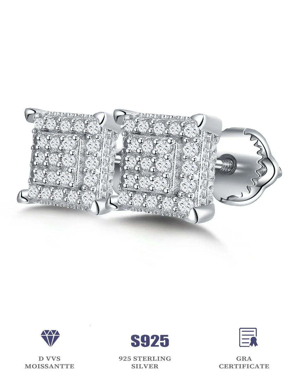 Moissanite Square Stud Earrings 925 Silver Solitaire CZ Look Bridal Engagement BandsCo Straps