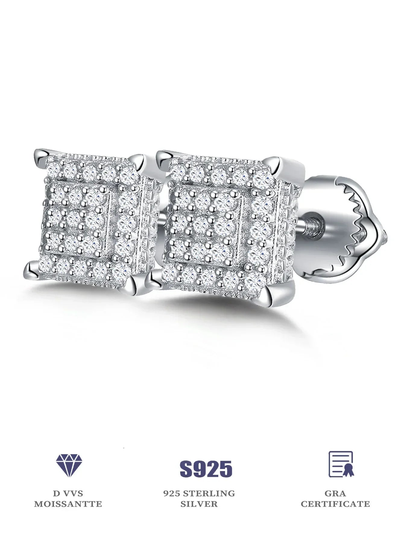 Moissanite Square Stud Earrings 925 Silver Solitaire CZ Look Bridal Engagement BandsCo Straps