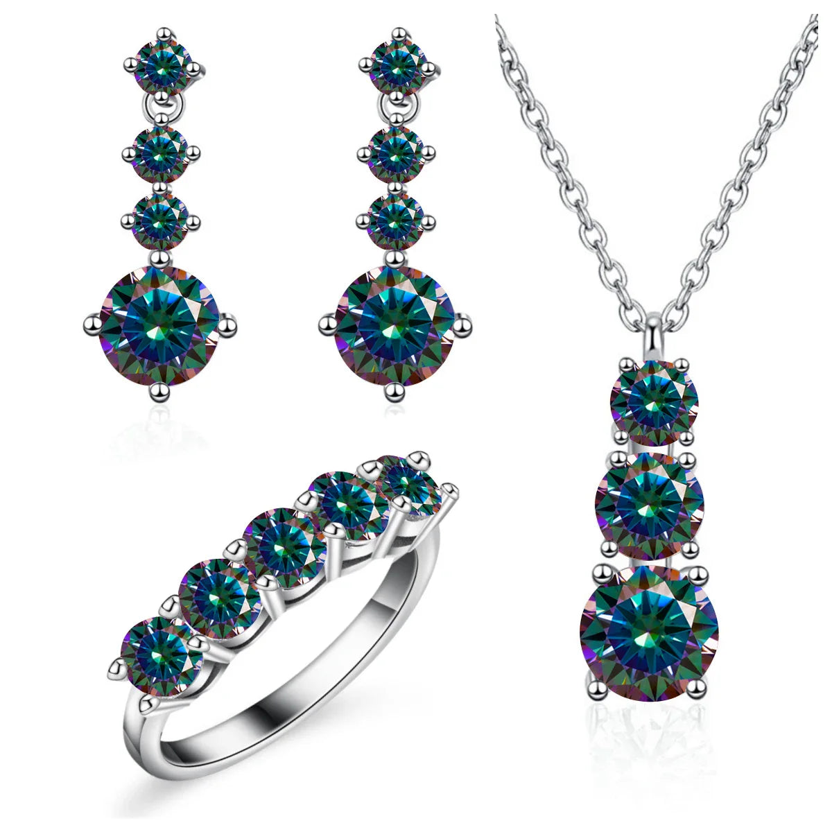 Moissanite 925 Sterling Silver Jewelry Set - Ring Earring Pendant Gift BandsCo Straps