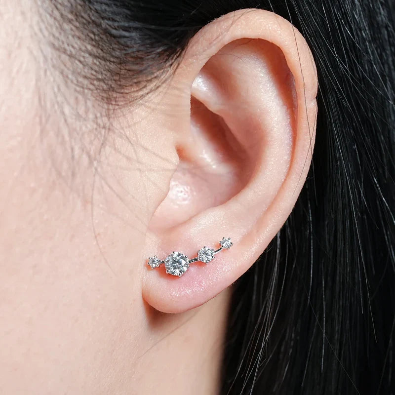 Moissanite Stud Climber Earrings 925 Sterling Silver Round For Women Gift Box BandsCo Straps