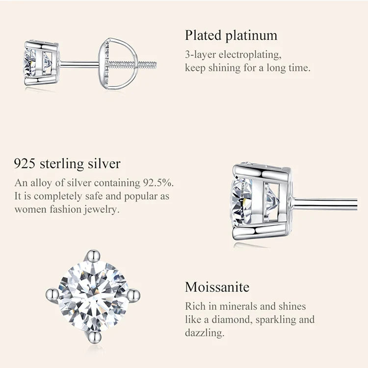 Moissanite Stud Earrings 0.5-1ct Screw Back D VVS1 Lab Created White Gold BandsCo Straps