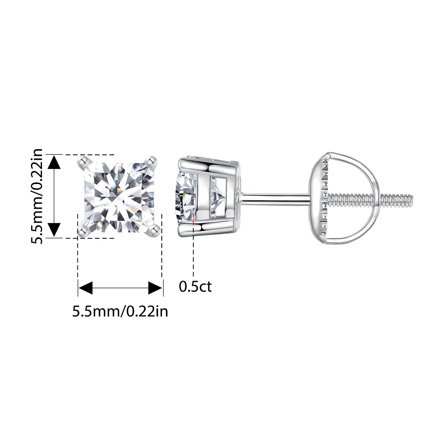 Moissanite Stud Earrings 0.5-1ct Screw Back D VVS1 Lab Created White Gold BandsCo Straps