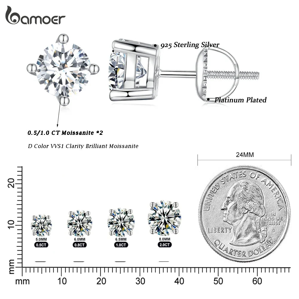 Moissanite Stud Earrings 2CT VVS1 925 Sterling Silver Screw Back Classic BandsCo Straps