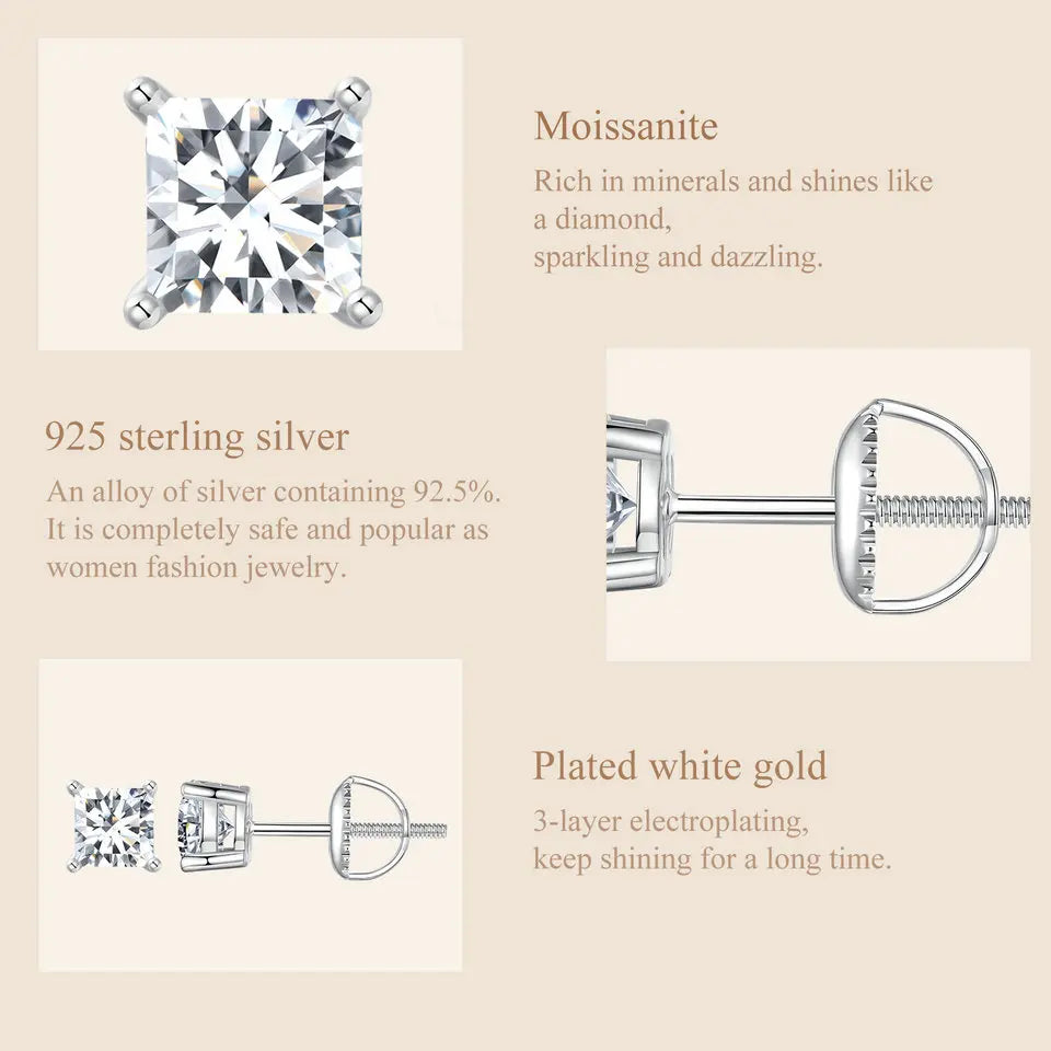 Moissanite Stud Earrings 0.5-1ct Screw Back D VVS1 Lab Created White Gold BandsCo Straps