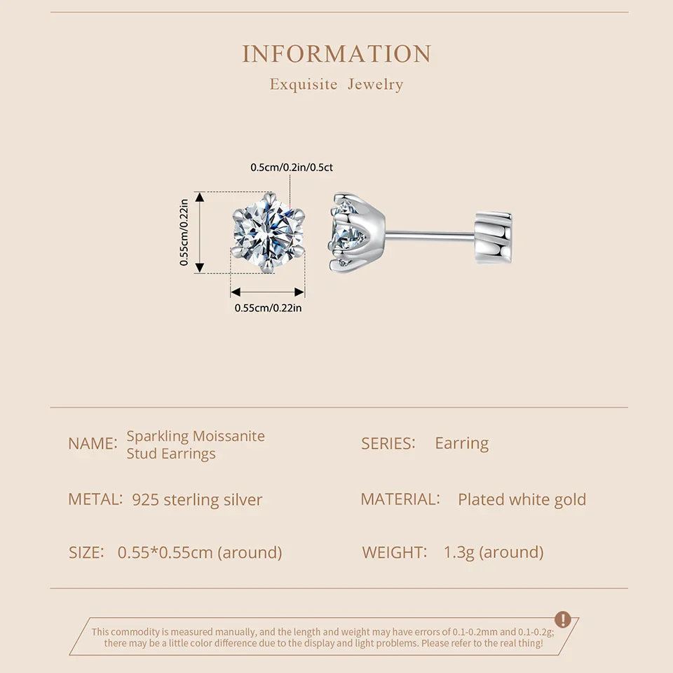 Moissanite Stud Earrings 925 Sterling Silver White Gold Plated Huggie Screwback BandsCo Straps
