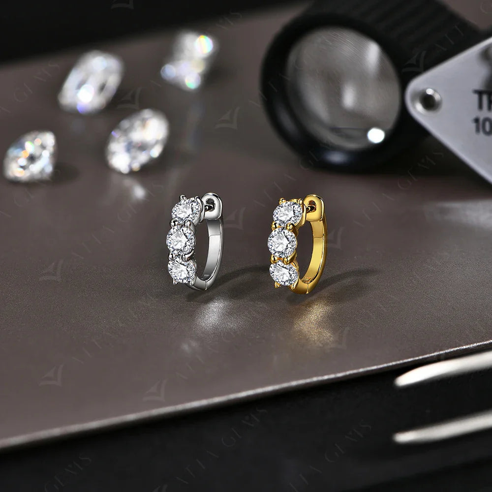 Moissanite Three-Stone Hoop Earrings 1.8 CTW Round Cut 925 Sterling Silver BandsCo Straps