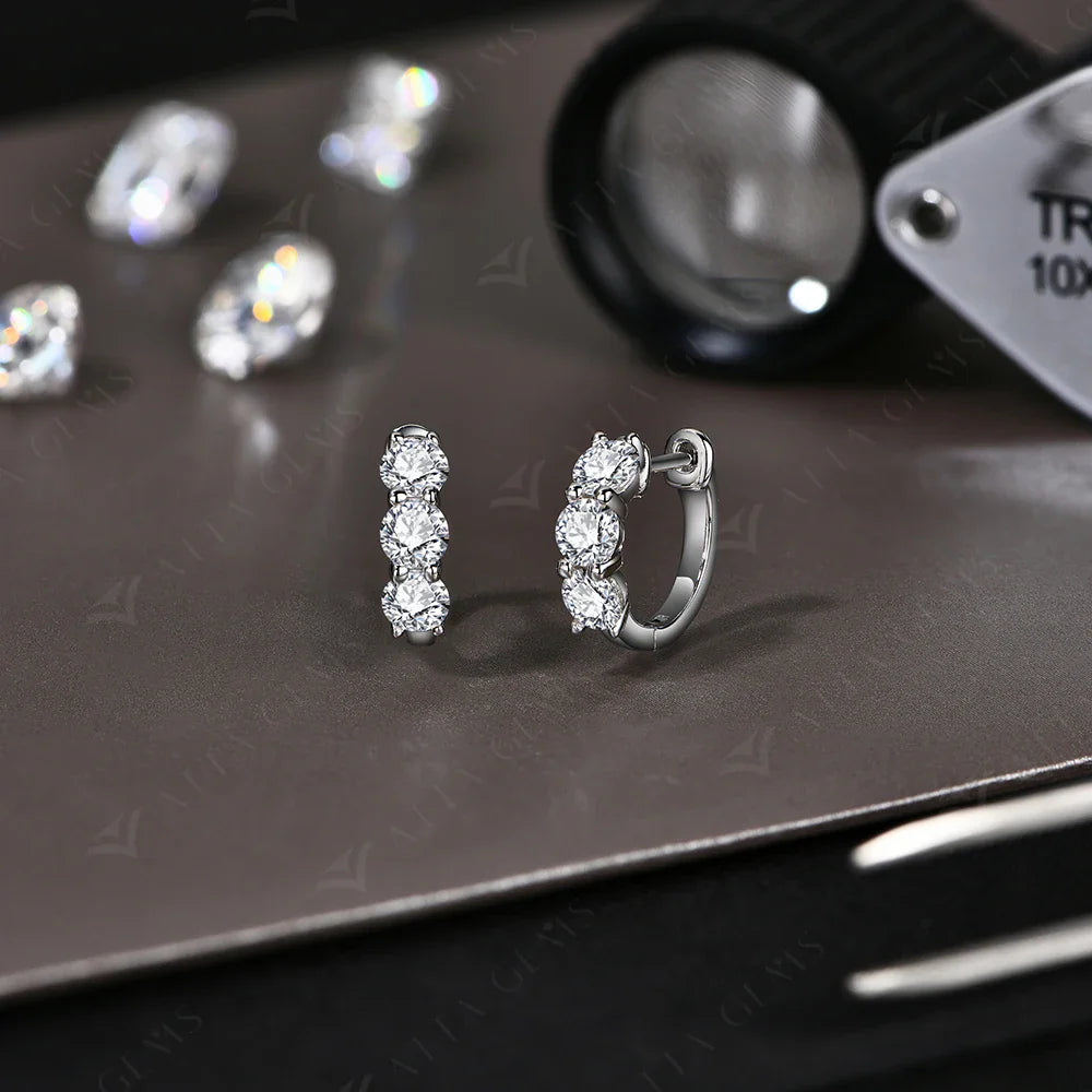 Moissanite Three-Stone Hoop Earrings 1.8 CTW Round Cut 925 Sterling Silver BandsCo Straps