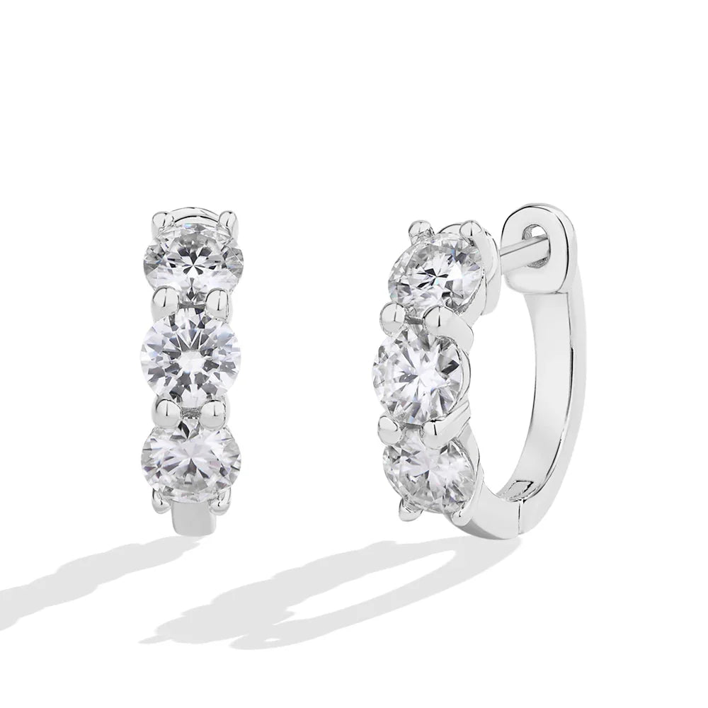 Moissanite Three-Stone Hoop Earrings 1.8 CTW Round Cut 925 Sterling Silver BandsCo Straps
