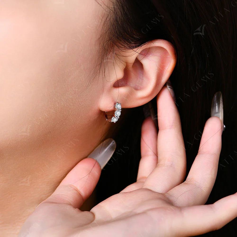 Moissanite Three-Stone Hoop Earrings 1.8 CTW Round Cut 925 Sterling Silver BandsCo Straps