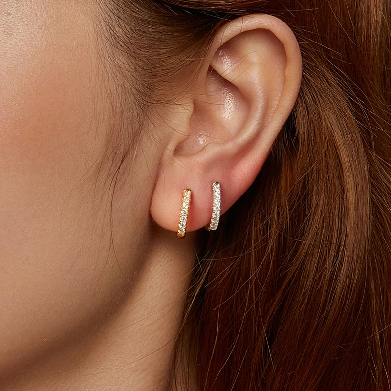 Moissanite Two-Tone Small Hoop Earrings 1cm Round Sparkling Engagement BandsCo Straps